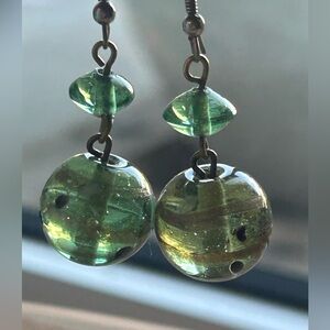 3/$30✨ 💚Gorgeous Green Glass Dangle Earrings with gold sparkling stripes💚